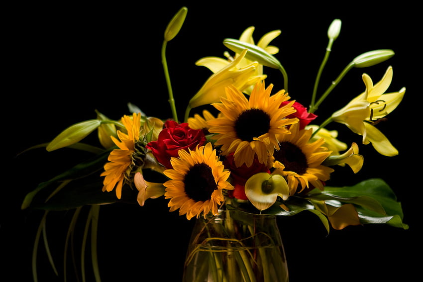 sunflowers bouquet, still life, bouquet, flowers, sunflowers HD wallpaper