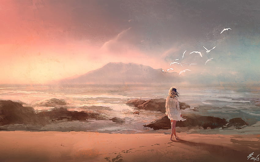 คนเดียว เด็กผู้หญิง joseph feely น้ำ พระอาทิตย์ตก ชายหาด ทะเล นก ลม ฤดูร้อน เพ้อฝัน วารา วอลล์เปเปอร์ HD