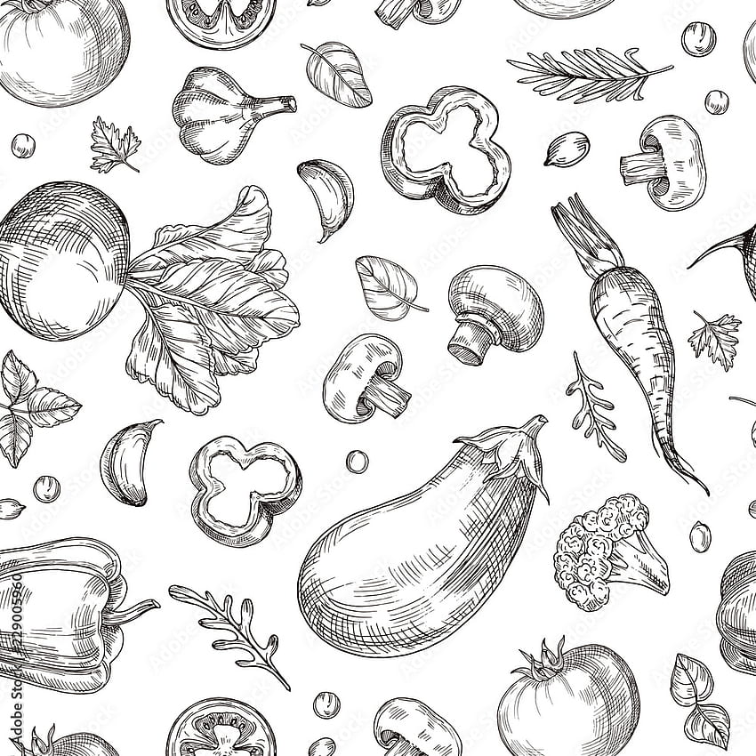 Vegetable hand drawn seamless pattern. Fresh vegetarian food, garden vegetables. Etching drawing vector vintage . Illustration of healthy fresh background drawing beet and eggplant Stock Vector. Adobe Stock HD phone wallpaper