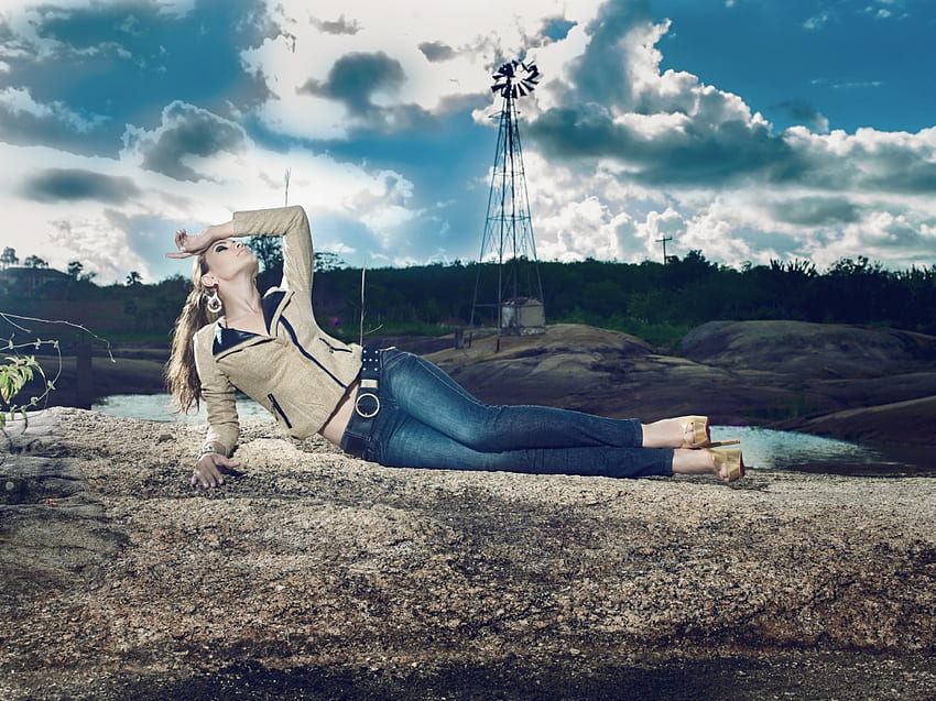 Taynara S Gargantini, kincir angin, model, santai, cantik, jeans Wallpaper HD