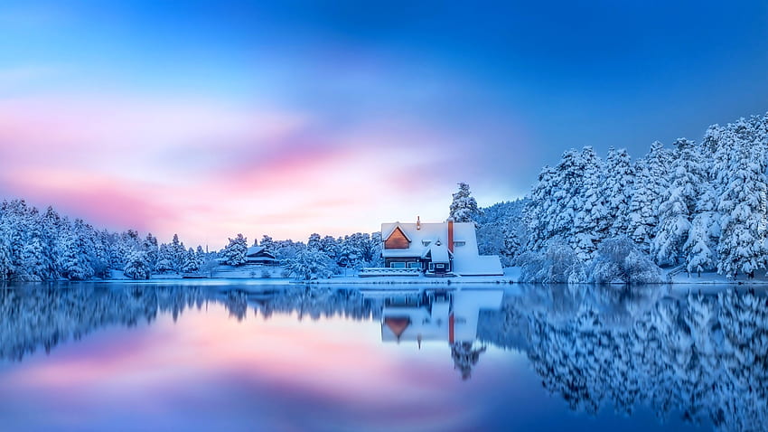 Winter reflections, winter, frost, frozen, house, cold, beautiful, reflections, lake, snow, sky, forest HD wallpaper