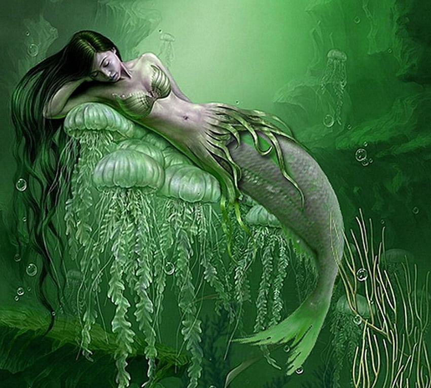 Sirene, hewan, putri duyung, aneh, abstrak, 3d, hijau, alam Wallpaper HD