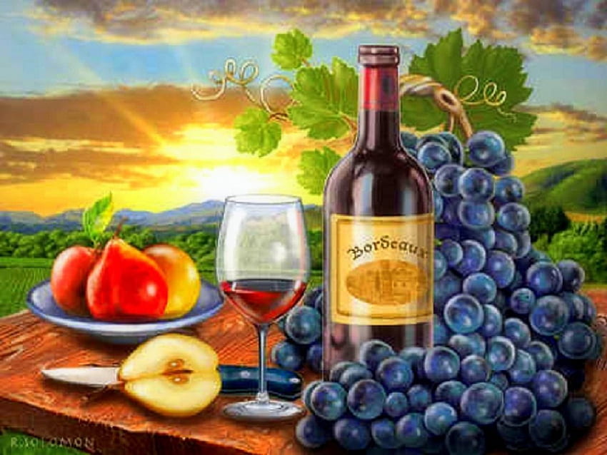 Bordeaux vintage, tramonti, uva, bellezza autunnale, frutta, vini, amore quattro stagioni, formaggi, bottiglie, vino rosso, bicchieri, natura, coltello, vintage, Bordeaux Sfondo HD