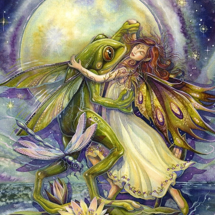 Theres Always A Reason To Dance, fairy, dance, moon, fantasy, dragonfly, stars, frog HD wallpaper