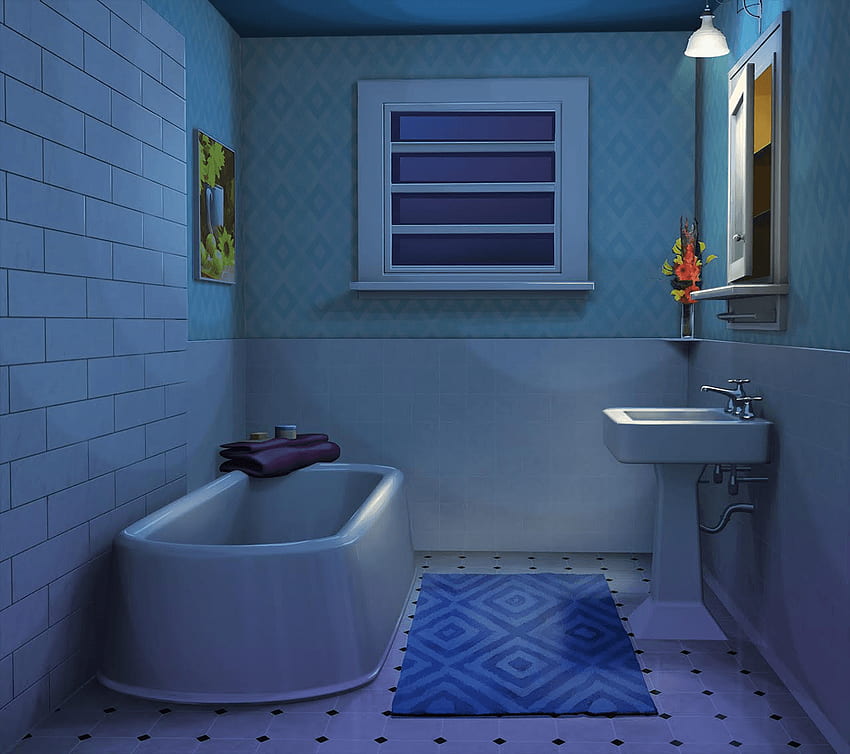 INT。 住宅用バスルーム スカイブルー - 夜。 アニメ, バスルーム, 青空 高画質の壁紙