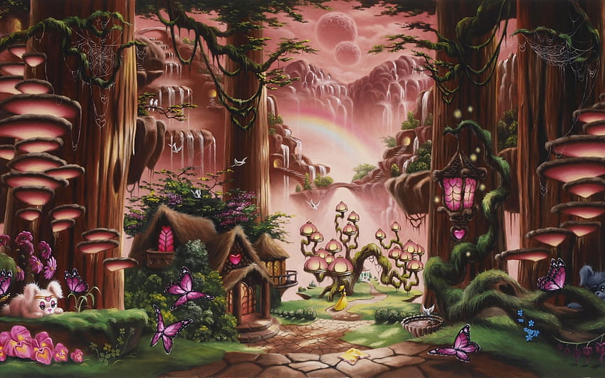 Fantasia, conto de fadas, arte mágica, desenho animado, árvores, floresta, crianças fofas papel de parede HD