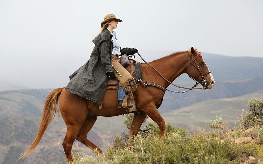Podróżujący kowbojka, koń, kowbojka, blondynka, chłopaki, płaszcz przeciwdeszczowy, kapelusz, Kolorado, góra Tapeta HD
