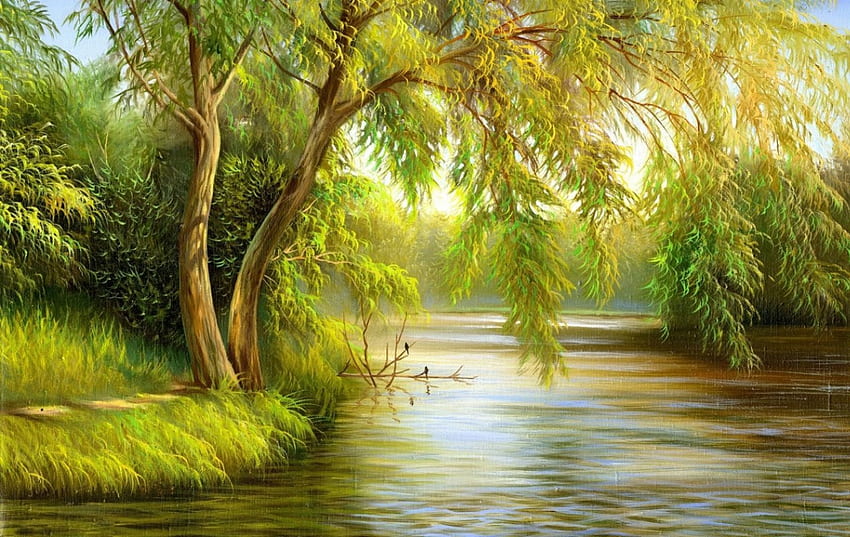 Green Landscape, trees, river, painting, green HD wallpaper