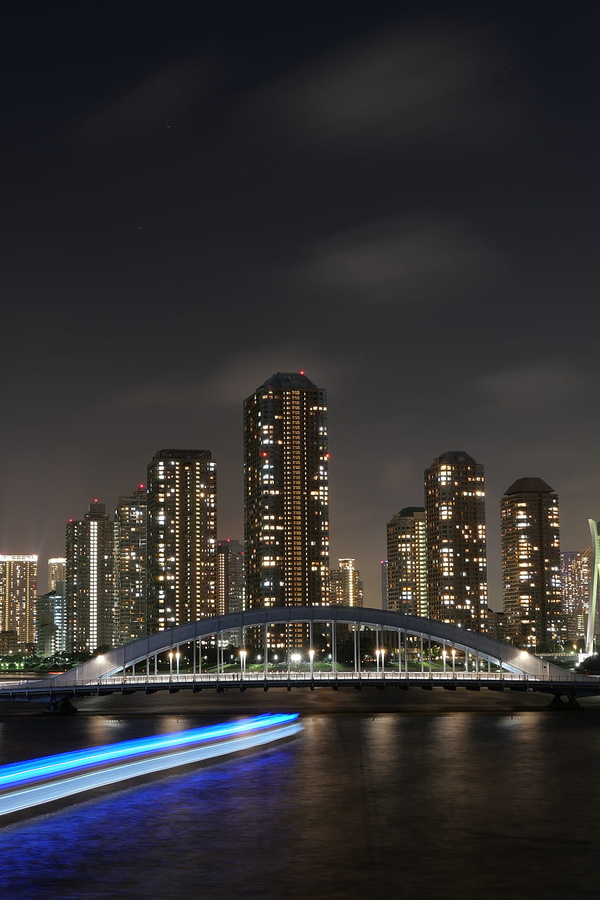 Ciudades, Ciudad de noche, Luces de la ciudad, Rascacielos, Puente, Japón, Tokio fondo de pantalla del teléfono