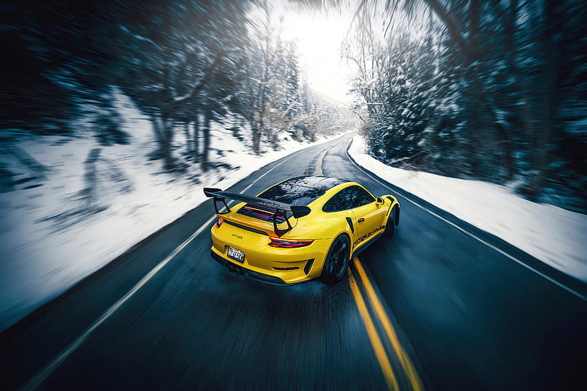 Porsche GT3RS, жълт спортен автомобил, на пътя, 2021 г HD тапет