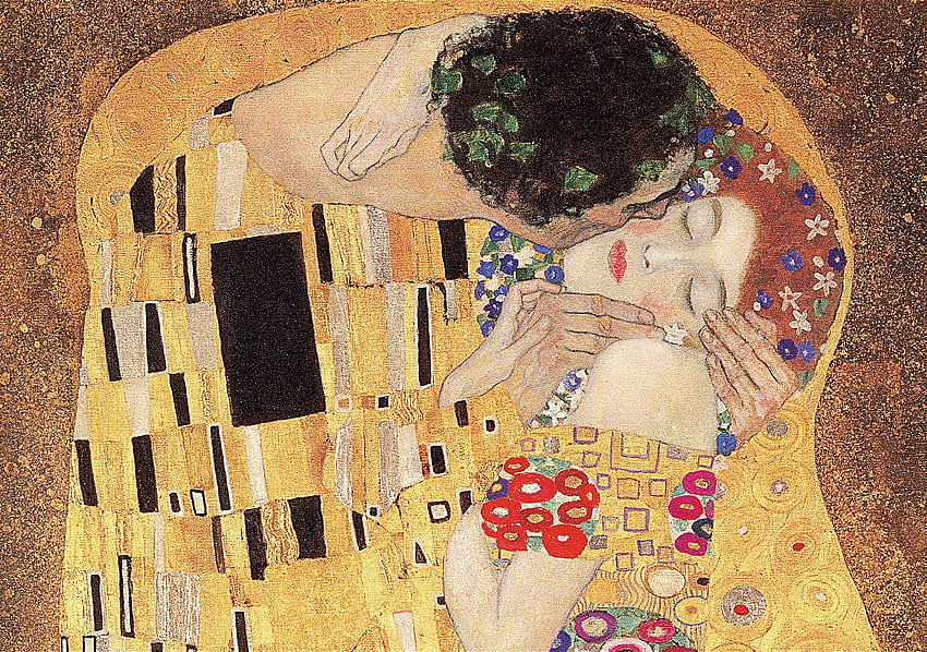 The kiss by Gustav Klimt, detail, man, couple, gustav klimt, lovers, girl, golden, art, the kiss, painting, pictura HD wallpaper