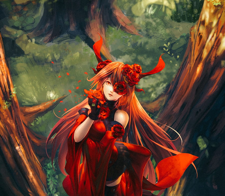 Forest demon, rose, fantasy, flower, green, red, luminos, forest, demon HD wallpaper