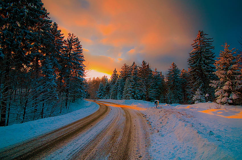 musim dingin, pemandangan, salju, lanskap, wintwr, jalan, alam, hutan, matahari terbenam Wallpaper HD