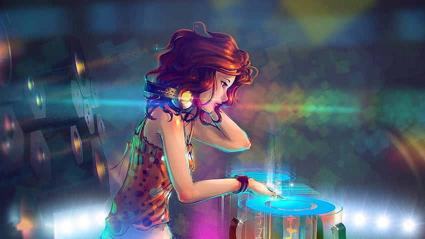 헤드폰 다채로운 빨간 머리 음악 애니메이션 DJ 턴테이블 인터페이스 애니메이션 소녀 디지털 아트 프로필 - 해상도: HD 월페이퍼
