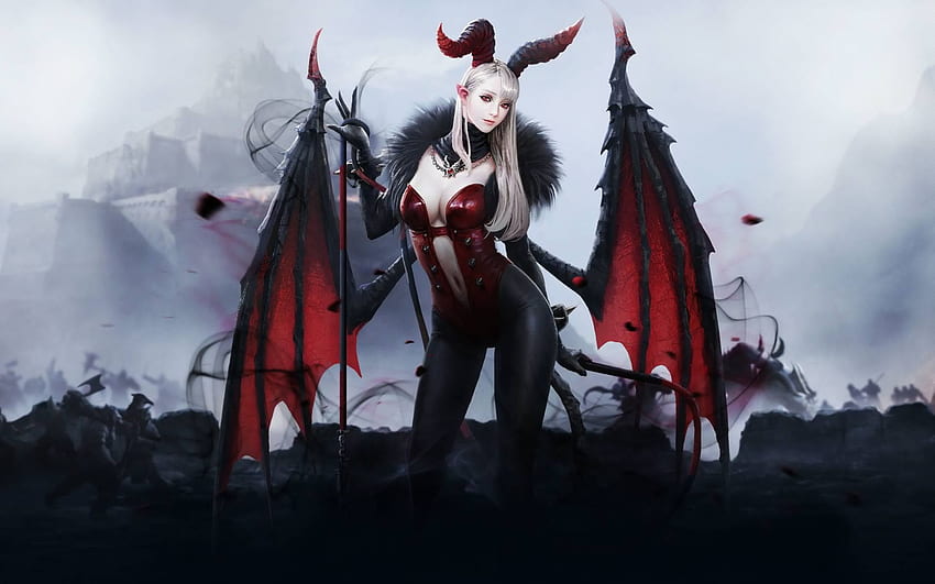 Demoness, wings, black, frumusete, horns, lineage eternal, bat, girl, vampire, demon, fantasy, red, game, luminos HD wallpaper