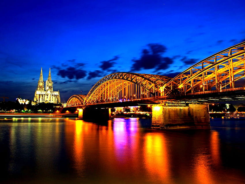 Koln Dom 및 Rhein 강, 밤 – Deutz, Cologne, Germany - background, Germany Travel HD 월페이퍼