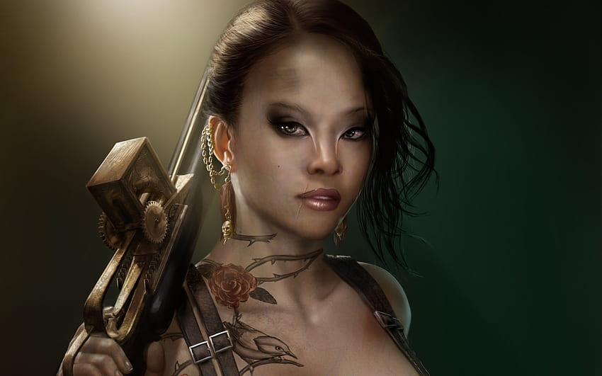 Art Girl Gun Tattoo Tattoo Mutant Jewelry Earrings Bird Rose Thorn Scar Skull Women Females Girls Weapons Guns Dark Fantasy Face At Dark ... HD wallpaper