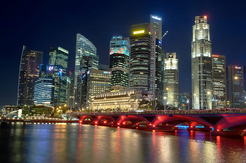 都市, 川, 夜, 夜の街, シンガポール 高画質の壁紙