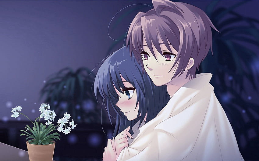 Anime, Flower, Girl, Guy, Embrace, Pot HD wallpaper