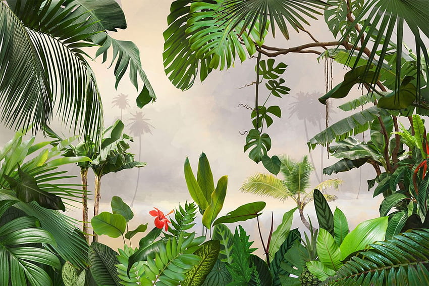 Decorazione murale con paesaggio realistico di piante della giungla tropicale - • Wallmur®, verde giungla Sfondo HD