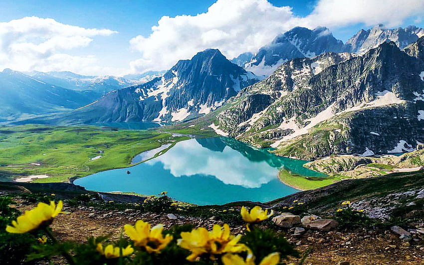 Upper Sonmarg, Kashmir, fiori di campo, nuvole, montagne, cielo, acqua, riflessi Sfondo HD