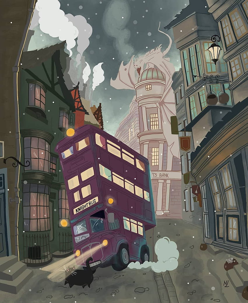 Autobus rycerski. Ilustracje Harry'ego Pottera, Rysunki Harry'ego Pottera, Harry Potter Zima Tapeta na telefon HD