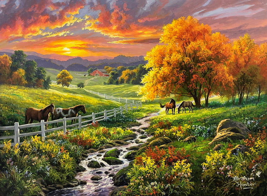Autumn morning, rays, barn, creek, art, sunlight, morning, farm, beautiful, sunrise, horses, painting, field, fence, autumn, sky, countryside, grass HD wallpaper