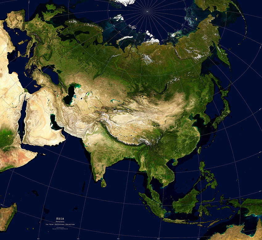 Asia Satélite Giclee Impresión Física, Mapa de Asia fondo de pantalla