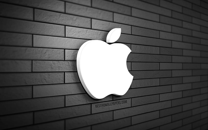 Logotipo de Apple en 3D, pared de ladrillo gris, creatividad, marcas, logotipo de Apple, arte 3D, Apple fondo de pantalla