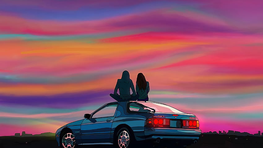 Couple sitting on car at sunset Ultra HD wallpaper