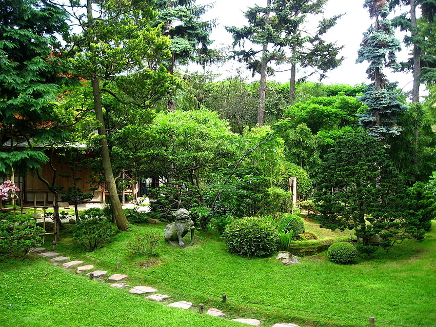 Natura, kamienie, statua, ogród, trawnik, tor Tapeta HD