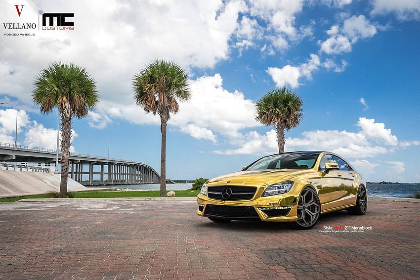 Mercedes CLS 63 AMG cars gold chrome wrapping tuning . HD wallpaper