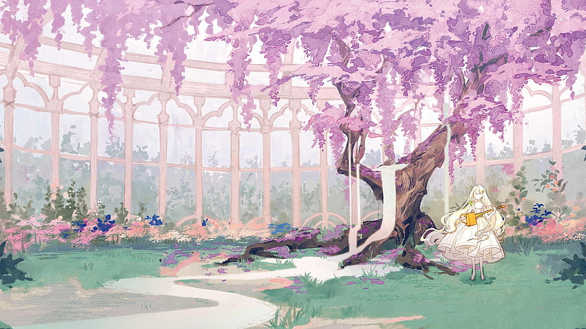 Anime Landschaft, Sakura Blossom, Garden, Anime Girl, White Diress für ...