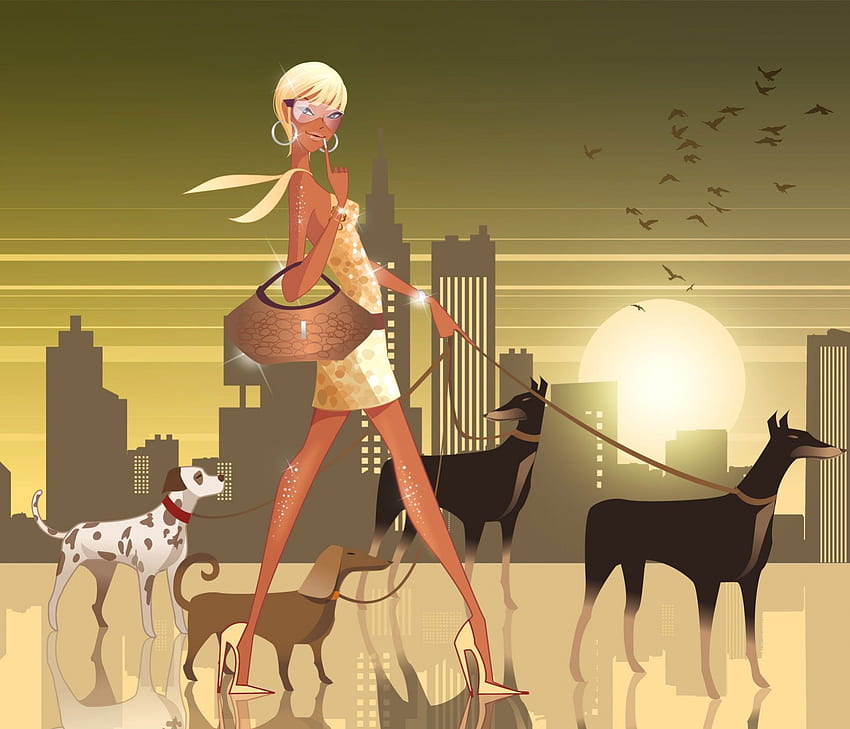 City Girl, pájaros, ciudad, animales, rubia, niña, perros, paisaje urbano, puesta de sol fondo de pantalla