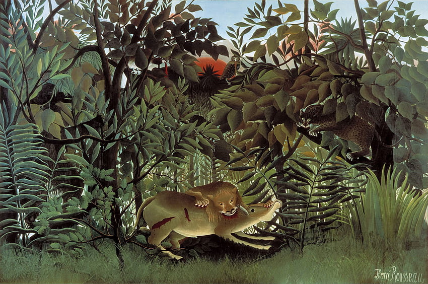 Der hungrige Löwe wirft sich auf die Antilope, Henri Rousseau HD-Hintergrundbild