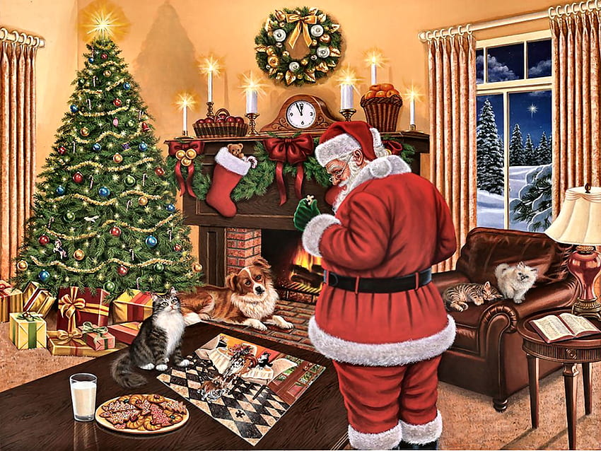 Santa Solves the Puzzle FC, winter, feline, puzzle, occasion, holiday, scenery, painting, snow, December, art, beautiful, illustration, tree, artwork, wide screen, Santa, Christmas, pets, canine, wreath HD wallpaper