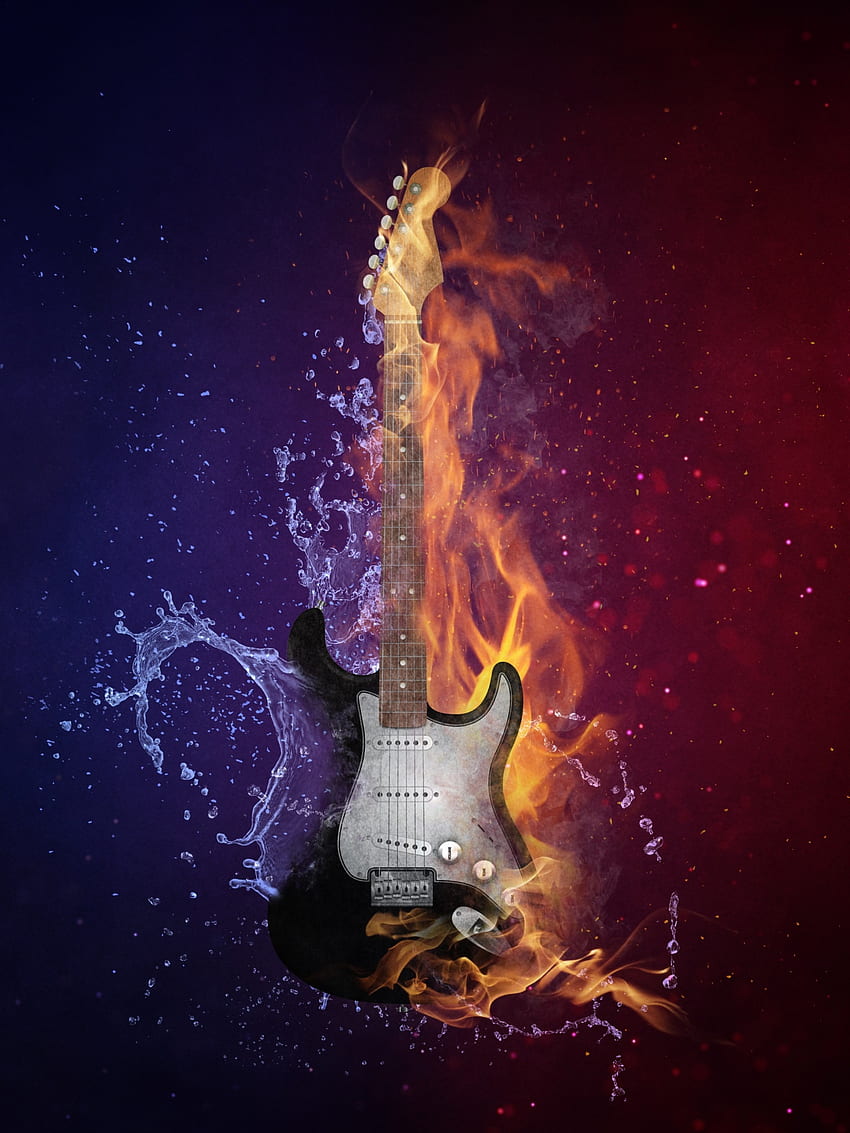 Gitara elektryczna, instrument, ciemne tło, ogień, woda, purpura, grafika, gitara basowa Tapeta na telefon HD