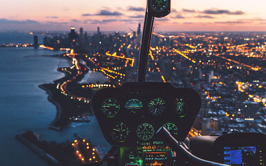 control panel, helicopter, pilot, night city, glare ultra 16:10 background HD wallpaper