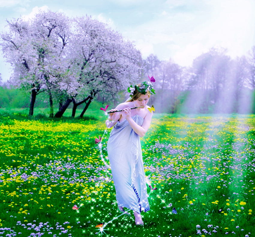 Пролетна песен, лъчи, флейта, цветове, зелено, дървета, цветя, пролет, жена HD тапет