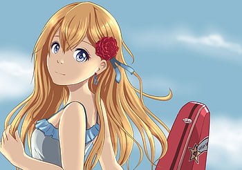 Miyazono kaori, shigatsu wa kimi no uso, smiling, feathers, blonde, scenic,  stars, HD wallpaper