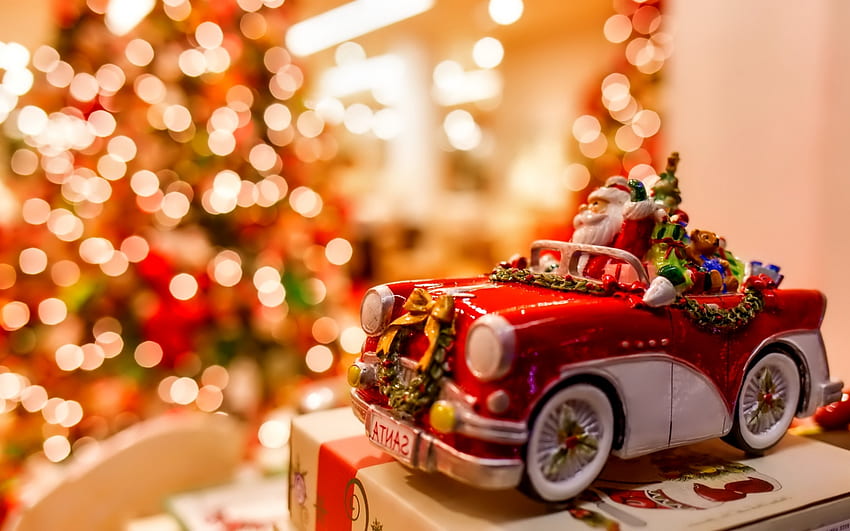 Christmas, car with gifts, Santa Claus on a car, Merry Christmas, Happy New Year, Christmas tree, New Year HD wallpaper