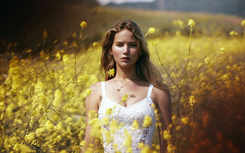 Jennifer Lawrence, celebrity, yellow flowers, outdoor HD wallpaper