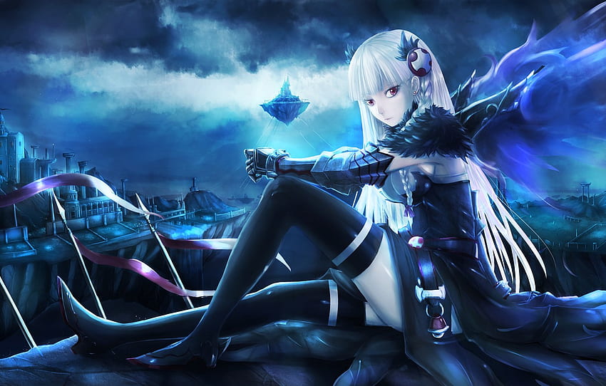 girl, the city, wings, art, sitting, valkyrie, mazeka, aka, puzzle & dragons for , section прочее, Anime Valkyrie HD wallpaper