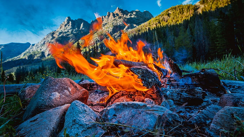 bonfire, flame, mountains, sky, nature, fire, campfire, beaver park, wind rivers, wyoming, usa , Bonfire Mountains HD wallpaper