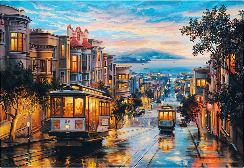 San Francisco Cable Car Heaven, houses, city, cars, artwork, painting, street HD wallpaper