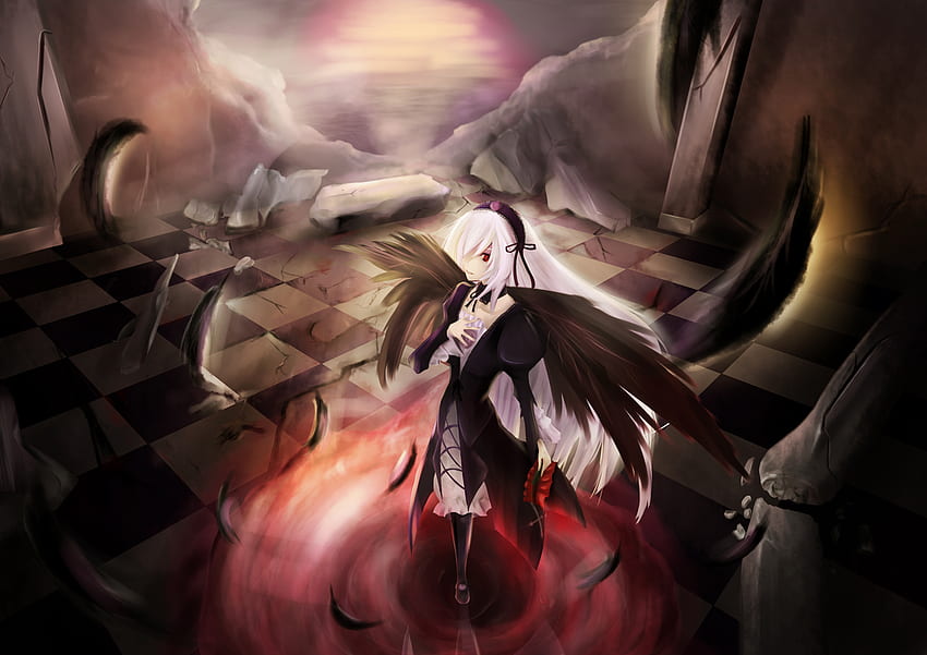 Suigintou, gothic, wings, feathers, rozen maiden, white hair, evil, red eyes, dark HD wallpaper