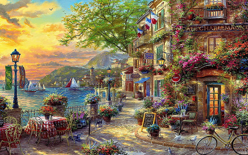 French Riviera Cafe, artwork, chairs, table, sea, restaurant, hills, house, flowers, painting HD wallpaper