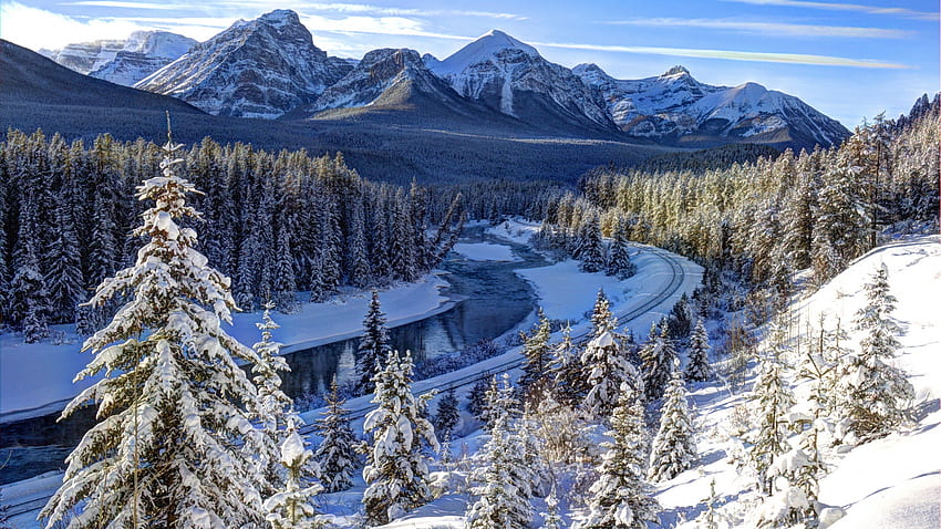 Bow River, Banff NP, Alberta, Winter, Schnee, Wolken, Bäume, Landschaft, Himmel, Berge, Kanada HD-Hintergrundbild