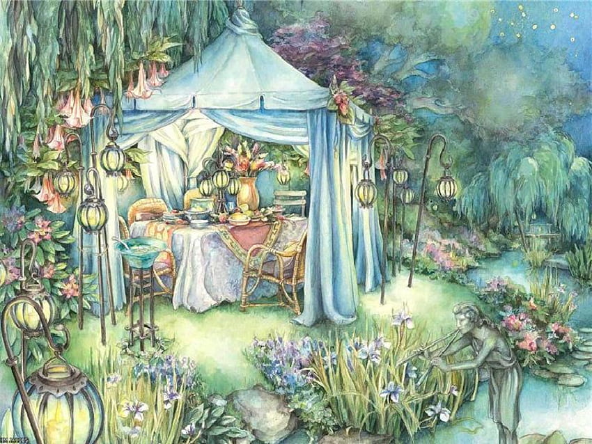 Dinner Under the Stars, table, statue, chairs, hanging lights, floral arrangement, trees, tent, lily pads, pond HD wallpaper