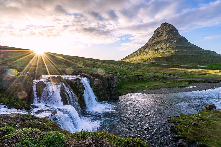 Lever du soleil sur Kirkjufell, Islande, rivière, cascade, nature, lever du soleil Fond d'écran HD